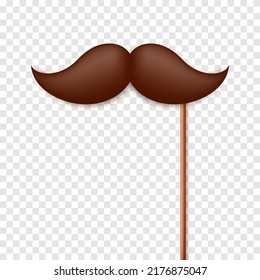 Realistic fake mustache on a wooden stick. Vintage paper mustache for carnival or holiday. Brown facial hair, hipster beard. Vector illustration