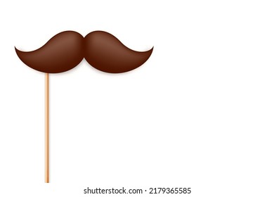 Realistic fake mustache on a wooden stick. Vintage paper mustache for carnival or holiday. Brown facial hair, hipster beard. Vector illustration