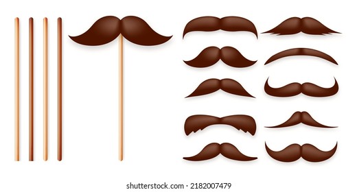 Realistic fake mustache on a wooden stick. Vintage paper mustache for carnival or holiday. Various brown facial hair, fashionable hipster beard. Vector illustration