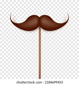 Realistic fake mustache on a wooden stick. Vintage paper mustache for carnival or holiday. Brown facial hair, hipster beard. Vector illustration