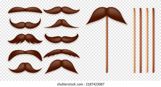 Realistic fake mustache on a wooden stick. Vintage paper mustache for carnival or holiday. Various brown facial hair, fashionable hipster beard. Vector illustration