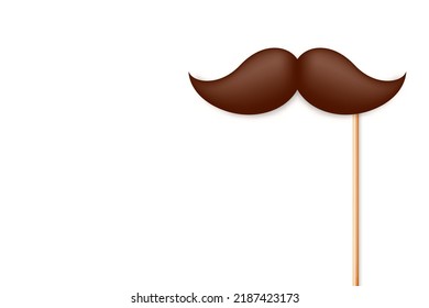 Realistic fake mustache on a wooden stick. Vintage paper mustache for carnival or holiday. Brown facial hair, hipster beard. Vector illustration