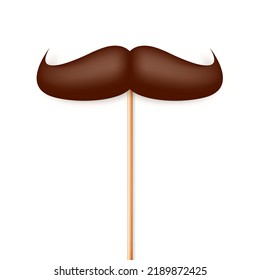 Realistic fake mustache on a wooden stick. Vintage paper mustache for carnival or holiday. Brown facial hair, hipster beard. Vector illustration