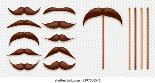 Realistic fake mustache on a wooden stick. Vintage paper mustache for carnival or holiday. Various brown facial hair, fashionable hipster beard. Vector illustration