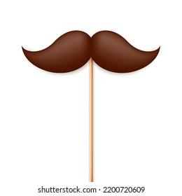 Realistic Fake Mustache On A Wooden Stick. Vintage Paper Mustache For Carnival Or Holiday. Brown Facial Hair, Hipster Beard. Vector Illustration