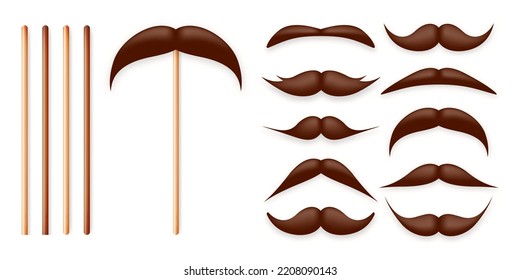 Realistic fake mustache on a wooden stick. Vintage paper mustache for carnival or holiday. Various brown facial hair, fashionable hipster beard. Vector illustration