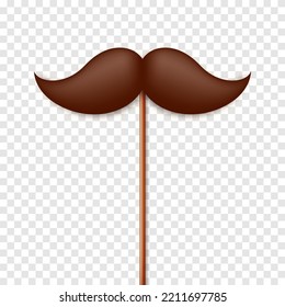 Realistic fake mustache on a wooden stick. Vintage paper mustache for carnival or holiday. Brown facial hair, hipster beard. Vector illustration