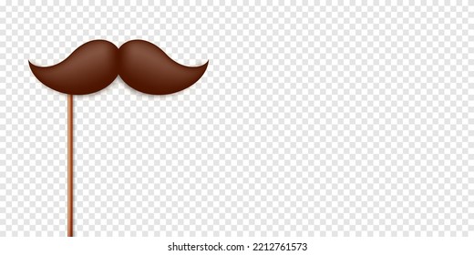 Realistic fake mustache on a wooden stick. Vintage paper mustache for carnival or holiday. Brown facial hair, hipster beard. Vector illustration