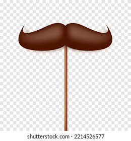 Realistic fake mustache on a wooden stick. Vintage paper mustache for carnival or holiday. Brown facial hair, hipster beard. Vector illustration