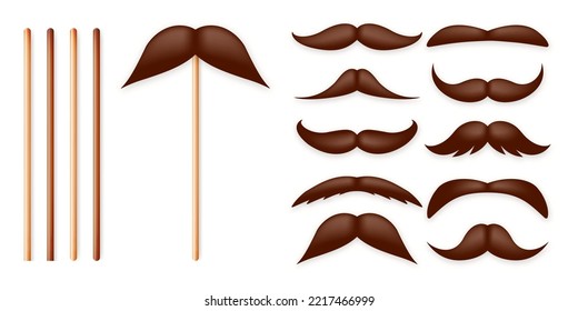 Realistic fake mustache on a wooden stick. Vintage paper mustache for carnival or holiday. Various brown facial hair, fashionable hipster beard. Vector illustration