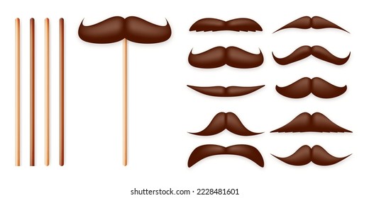 Realistic fake mustache on a wooden stick. Vintage paper mustache for carnival or holiday. Various brown facial hair, fashionable hipster beard. Vector illustration