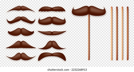 Un bigote falso realista sobre un palo de madera. bigote de papel vintage para carnaval o vacaciones. Diversos cabellos faciales marrones, barba hipster de moda. Ilustración del vector