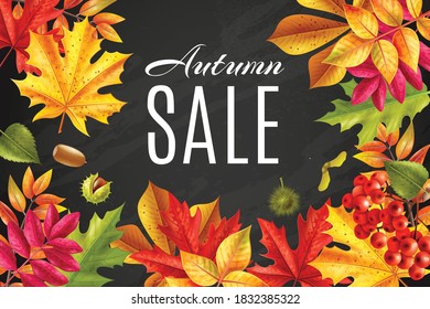 Realistic fall sale chalkboard frame background with space for editable text surrounded by faded leaves foliage vector illustration