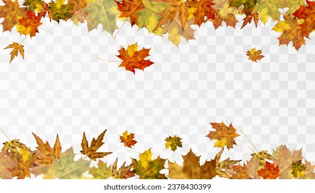 Realistic falling autumn leaves. Autumn flying orange foliage on transparent background, isolated template vector illustration