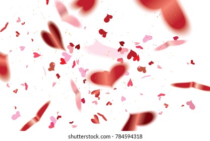 Realistic falling blurred transparent red heart shaped confetti isolated on white background.Valentine's day concept.Vector illustration for holiday greeting.