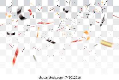 Realistic falling bokeh black,red and orange confetti isolated on transparent checkered background.Confetti in the national colors of Germany.Vector illustration.