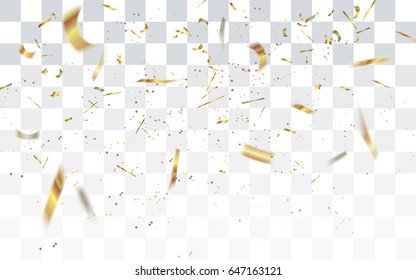 Realistic falling bokeh golden confetti isolated on transparent checkered background.Vector illustration.