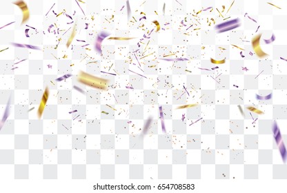 Realistic falling bokeh golden and purple confetti isolated on transparent checkered background.Vector illustration.