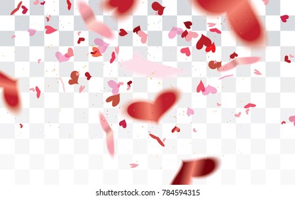 Realistic falling bokeh transparent red heart shaped confetti isolated on transparent checkered background.Valentine's day concept.Vector illustration for holiday greeting.