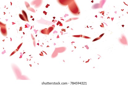 Realistic falling bokeh transparent red heart shaped confetti isolated on white background.Valentine's day concept.Vector illustration for holiday greeting.