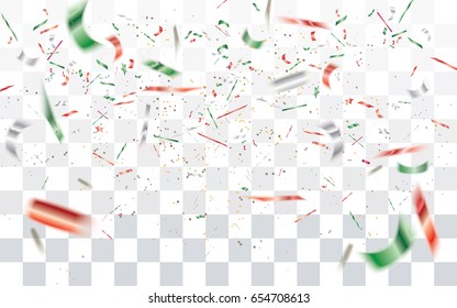 Realistic Falling Bokeh White,red And Green Confetti Isolated On Transparent Checkered Background.Vector Illustration.
