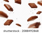 Realistic falling chocolate pieces isolated on transparent background. Levitating defocusing milk chocolate chunks. Applicable for packaging background, advertising, etc. Vector illustration.