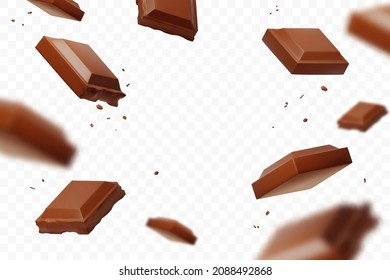 Realistic falling chocolate pieces isolated on transparent background. Levitating defocusing milk chocolate chunks. Applicable for packaging background, advertising, etc. Vector illustration.