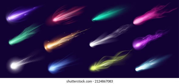 Realistic Falling Comets, Meteors, Asteroids And Meteorites With Fire Trail. 3d Cosmic Shooting Stars, Space Comet Or Fireballs Vector Set. Illustration Of Space Comet Meteor