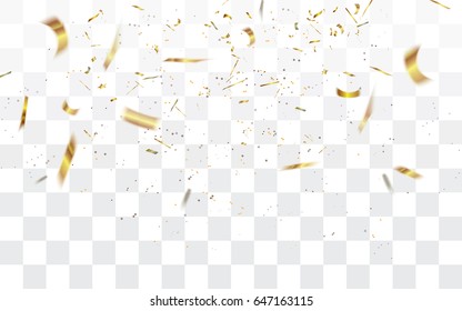 Realistic falling defocused golden confetti isolated on transparent checkered background.Vector illustration.