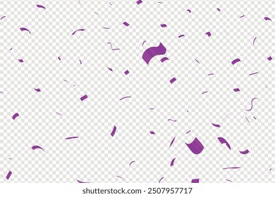 Realistic falling defocused purple confetti isolated on transparent checkered background, Celebration background template with confetti and Purple ribbons. Holiday Decorative Tinsel Element for Design