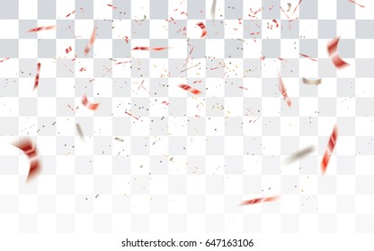 Realistic falling defocused red confetti isolated on transparent checkered background.Vector illustration.