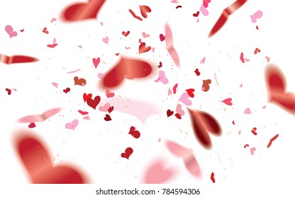 Realistic falling defocused transparent red heart shaped confetti isolated on white background.Valentine's day concept.Vector illustration for holiday greeting.