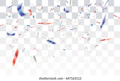 Realistic falling defocused white,red and blue confetti isolated on transparent checkered background.Vector illustration.