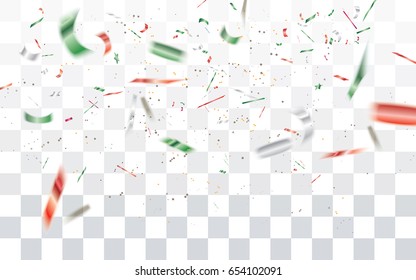 Realistic Falling Defocused White,red And Green Confetti Isolated On Transparent Checkered Background.Vector Illustration.