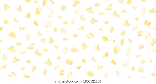 Realistic falling golden glossy holiday confetti. Vector seamless template rich flying tinsels, foil texture serpentine streamers, sparkles for wedding ceremony, anniversary celebration, christmas