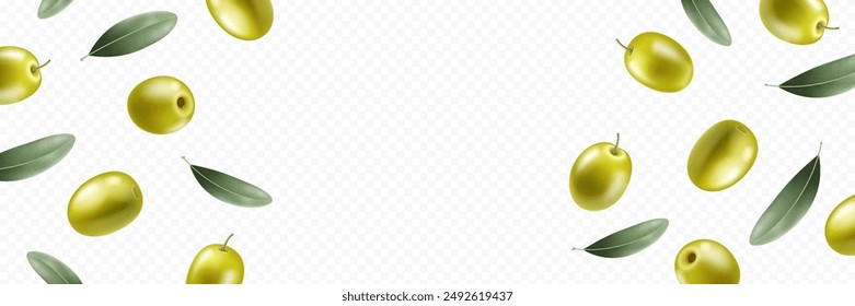 Realistic falling green olives with leaves illustration on transparent background. 3D vector illustration.