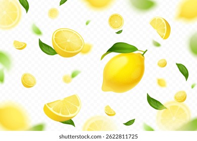 Realista queda de limões. Voando cítrico 3d fruta queda peça, suculento amarelo laranja maduro limão mosca fatia limonada fresco banner de verão, bebida publicidade vetor exato ilustração original arte