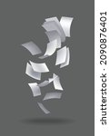 Realistic falling paper sheets. Set of flying curved leaves of paper. Vector loose soar of notes with curled edges. Fly scattered notes, empty chaotic paperwork