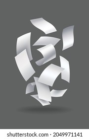 Realistic falling paper sheets. Set of flying curved leaves of paper. Vector loose soar of notes with curled edges. Fly scattered notes, empty chaotic paperwork