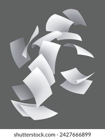 Realistic falling paper sheets. Set of flying curved leaves of paper. Vector loose soar of notes with curled edges. Fly scattered notes, empty chaotic paperwork