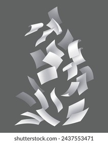 Realistic falling paper sheets. Set of flying curved leaves of paper. Vector loose soar of notes with curled edges. Fly scattered notes, empty chaotic paperwork