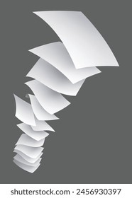 Realistic falling paper sheets. Set of flying curved leaves of paper. Vector loose soar of notes with curled edges. Fly scattered notes, empty chaotic paperwork