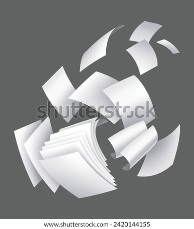 Realistic falling paper sheets. Set of flying curved leaves of paper. Vector loose soar of notes with curled edges. Fly scattered notes, empty chaotic paperwork