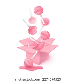 Realistic falling pink glossy candies on a stick, lollipop in the box. Look like 3d rendering. Vector illustration for card, party, design, flyer, poster, decor, banner, web, advertising.