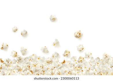 Realistic falling popcorn background. Party crunchy snack, fast food salty sweetcorn or cinema fluffy meal realistic vector background. Takeaway sweet dessert banner or concept with scattered popcorn