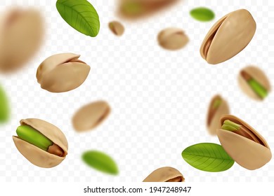 Realistic falling ripe pistachios with green leaves isolated on transparent background. Flying defocusing pistachios in shell. Design element for nuts packaging, advertising, etc. Vector illustration.