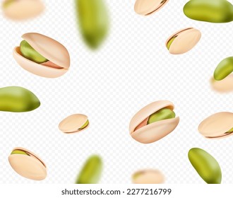 Realistic falling ripe pistachios isolated on transparent background. Defocusing pistachio nuts Vector