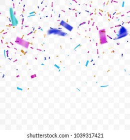 The realistic Falling of  shiny confetti glitters in colorful. New Year, birthday, design element of the Valentine's Day. Holiday design Isolated on a transparent background. Vector Illustration