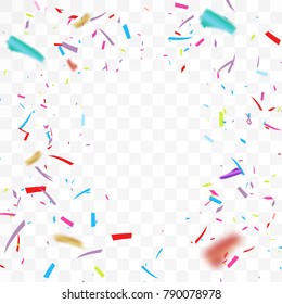 The realistic Falling of  shiny confetti glitters in colorful. Frame design for New Year, birthday,  element of the Valentine's Day. Holiday design Isolated on a transparent background.