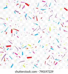 The realistic Falling of  shiny confetti glitters in colorful. New Year, birthday, design element of the Valentine's Day. Holiday design Isolated on a transparent background.